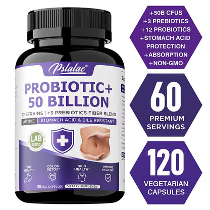 Probiotic 50 Billion CFU – 12 Strains & Prebiotic Fiber, 120 Capsules