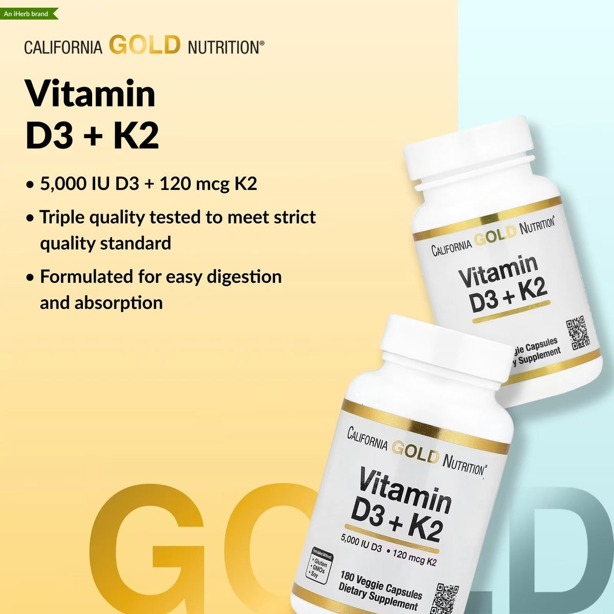 Vitamin D3 + K2 5000 IU – Bone & Immune Support, 180 Veggie Capsules
